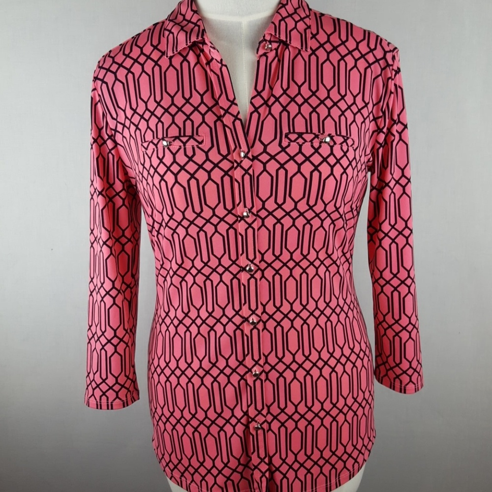 Hot Pink & Black Stretch button Up Blouse